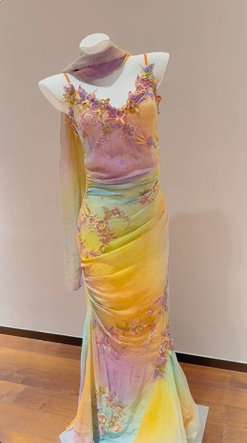 Glam Yellow Pink Spaghetti Straps Chiffon Embroidered Appliques Mermaid Prom Dresses Formal Evening Gowns