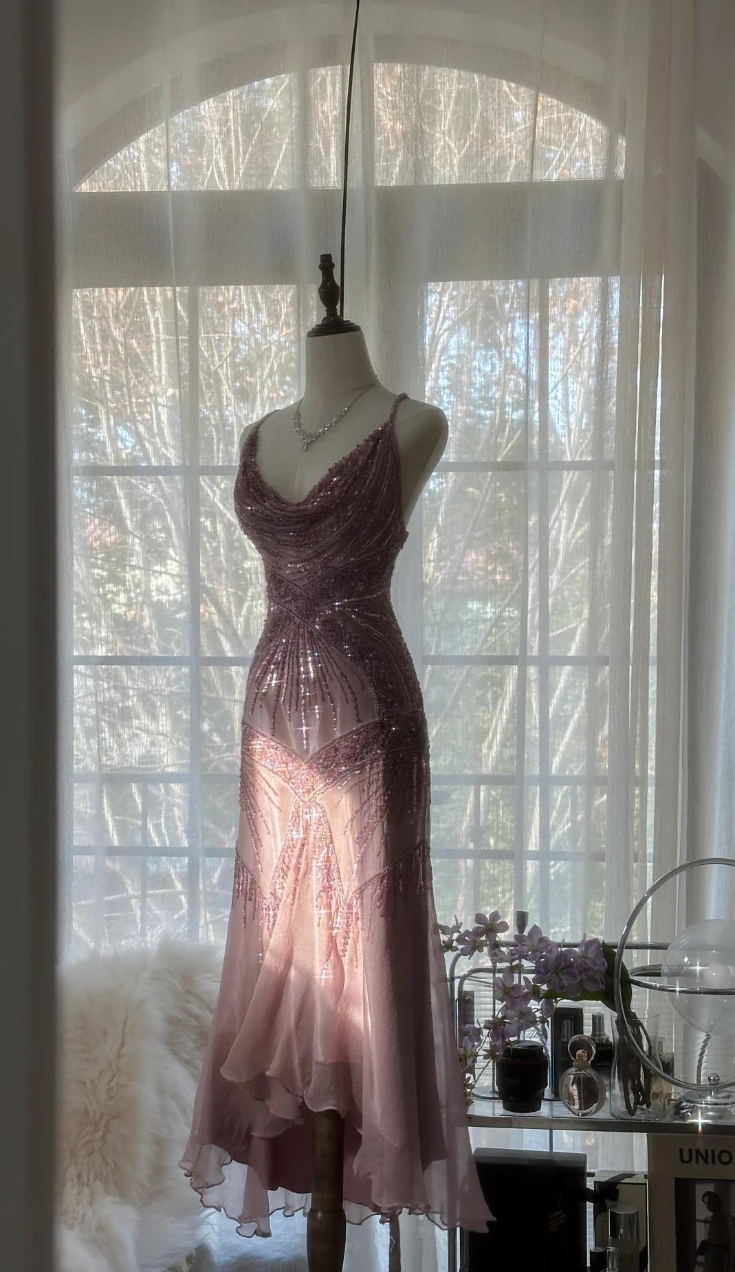 Retro Dusty Pink Spaghettiträger Meerjungfrau Chiffon Perlenbesetzte Ballkleider Elegantes Partykleid ED02363