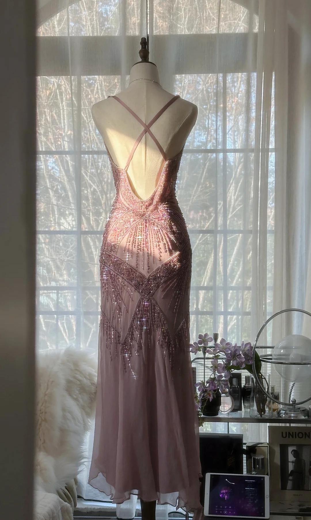 Retro Dusty Pink Spaghettiträger Meerjungfrau Chiffon Perlenbesetzte Ballkleider Elegantes Partykleid ED02363