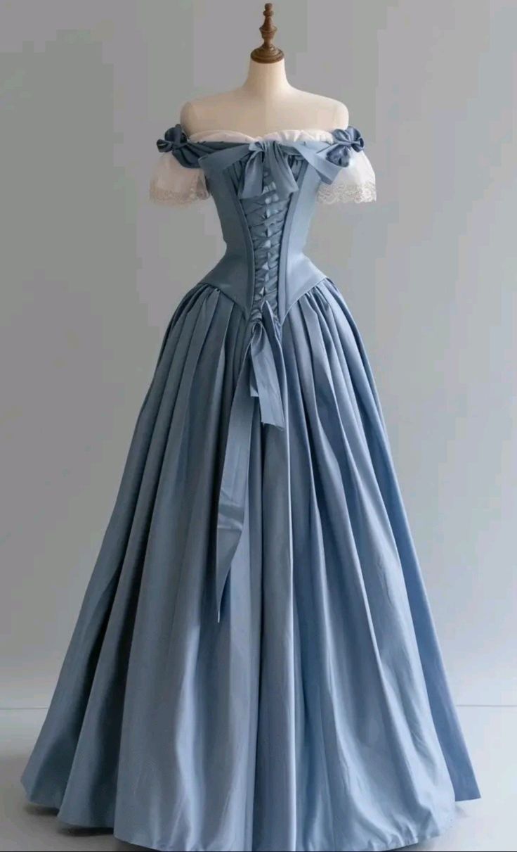 Vintage Blue Palace Style Satin A-Line Long Prom Dresses Formal Off-the-shoulder Evening Gowns