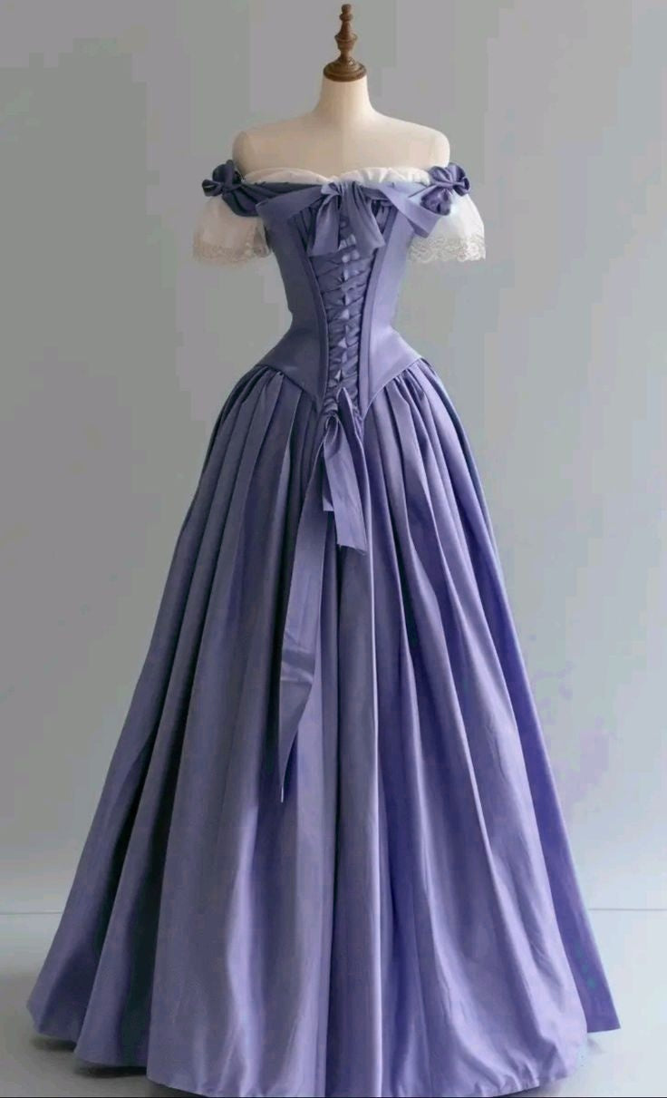Vintage Blue Palace Style Satin A-Line Long Prom Dresses Formal Off-the-shoulder Evening Gowns