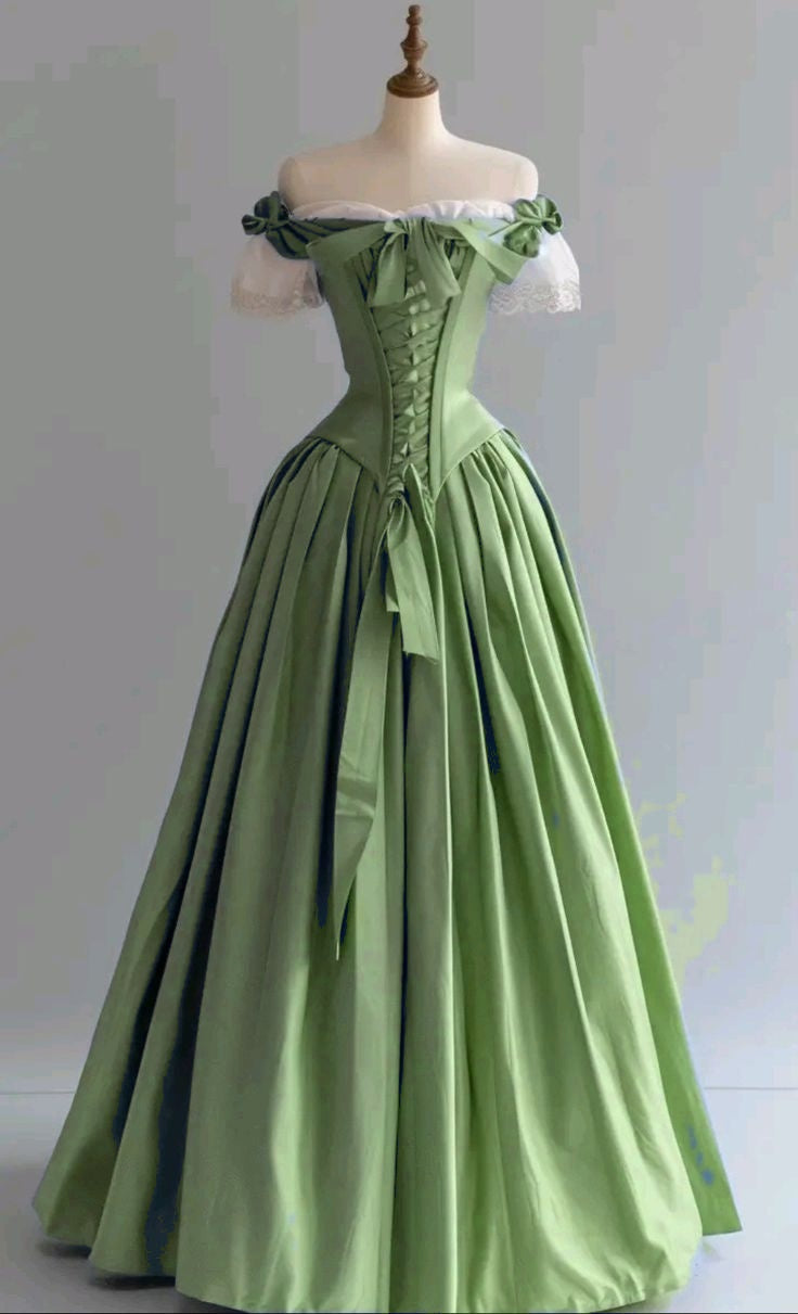Vintage Blue Palace Style Satin A-Line Long Prom Dresses Formal Off-the-shoulder Evening Gowns