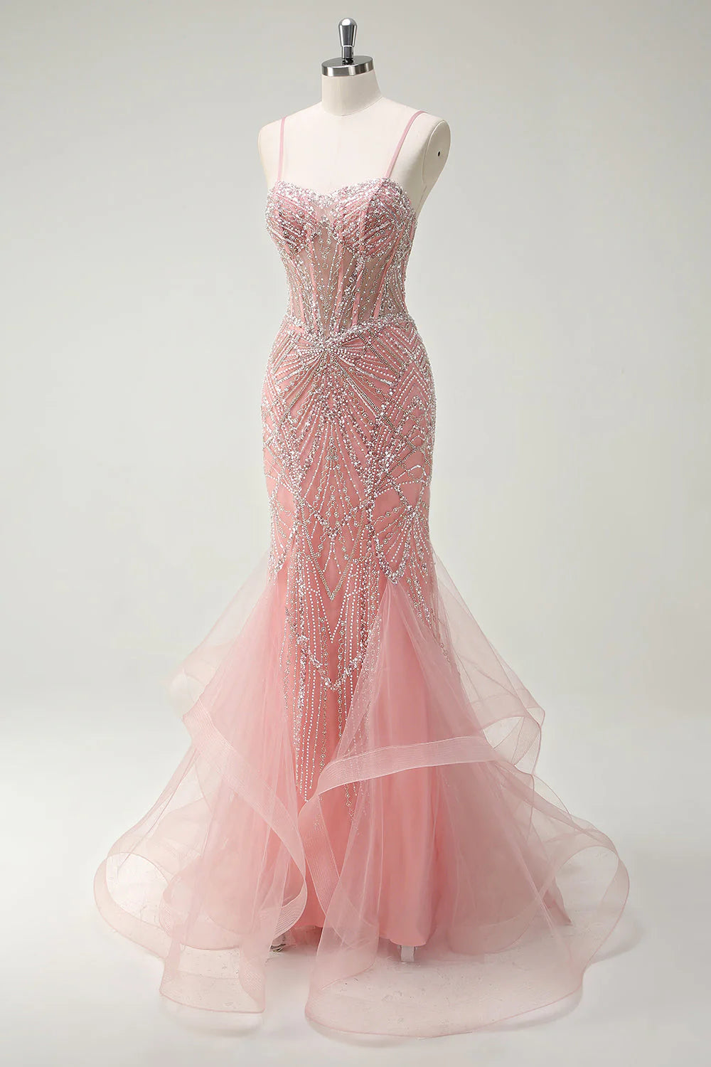Fairytale Peach Spaghetti Straps Mermaid Beaded Tulle Long Prom Dresses Formal Evening Gowns ED02366