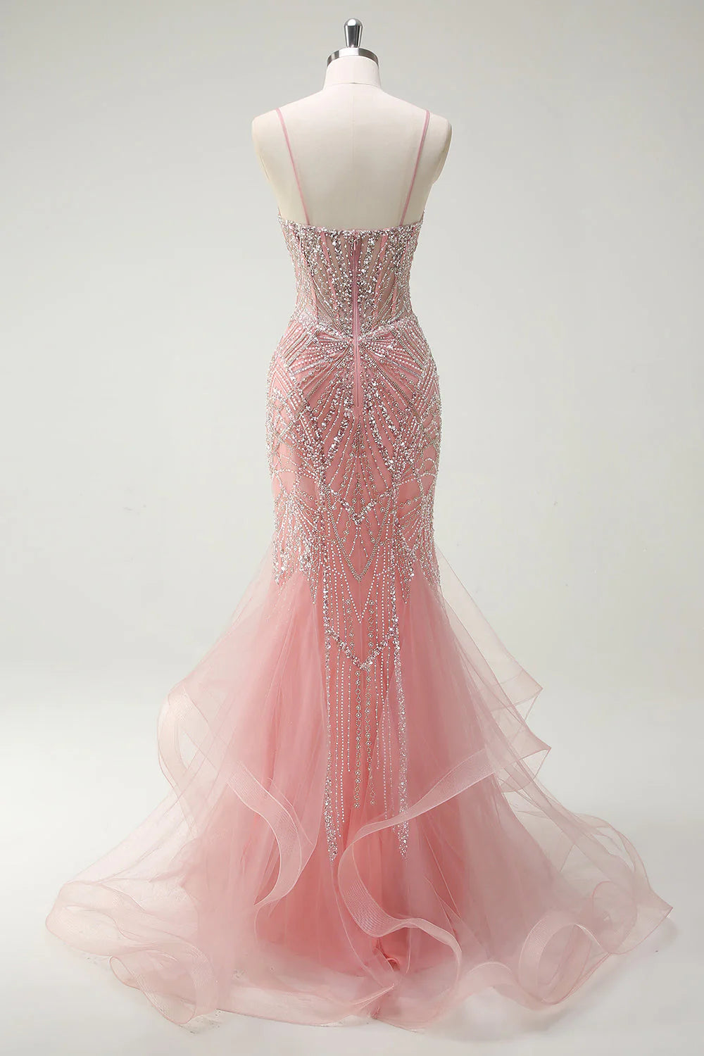 Fairytale Peach Spaghetti Straps Mermaid Beaded Tulle Long Prom Dresses Formal Evening Gowns ED02366