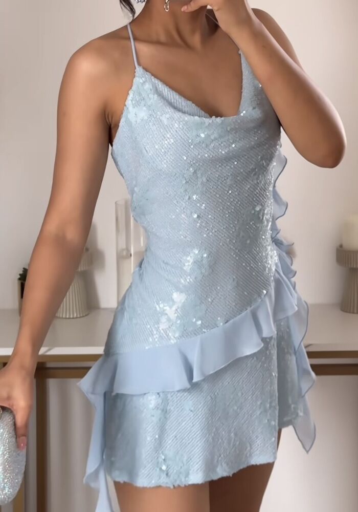 Fashion Blue Sheath Spaghetti Strap Short Outdoor Party Dress Summer Outfit