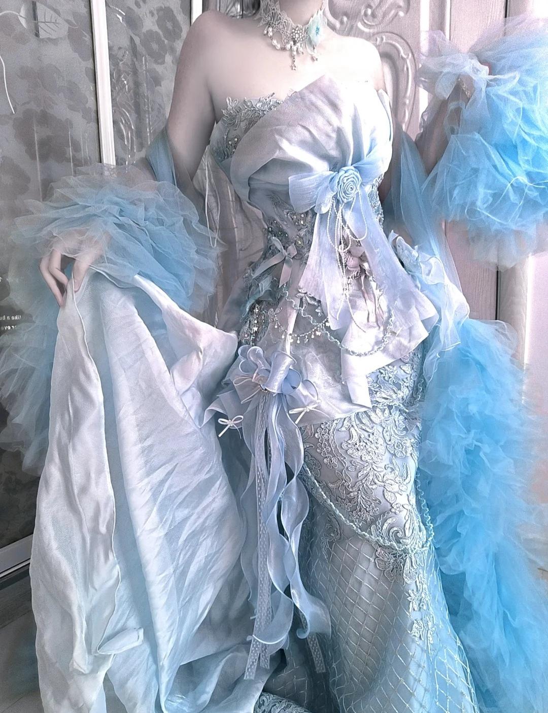 Fairy Grey Blue Mermaid Tulle Halter Embroidery Applique Long Prom Dresses ED02398