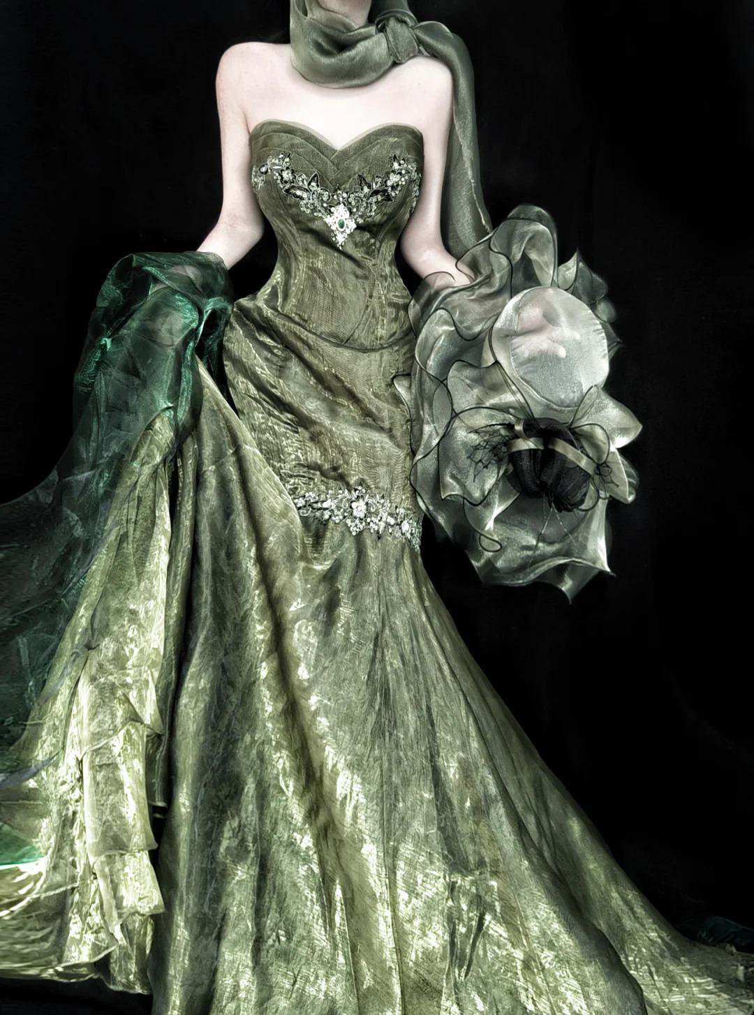 Superbe robe de bal sirène bustier vert forêt en tulle, robe d'anniversaire ED02399