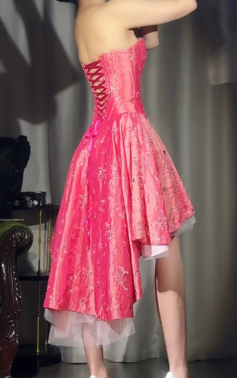 Vintage Hot Pink Strapless A-Line Homecoming Dress Sweet Chiffon Satin Sequin Hi-lo Short Prom Dresses ED02400