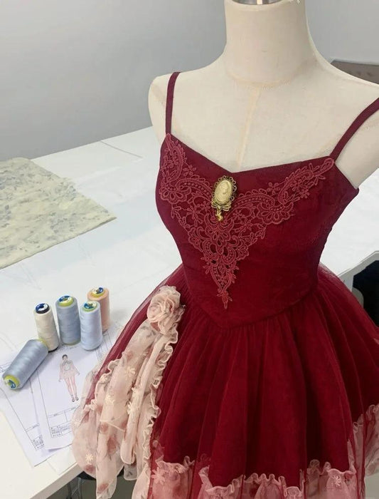 Robe de bal courte en tulle imprimé vert conte de fées, bretelles spaghetti, coupe trapèze, robe de soirée ED02408