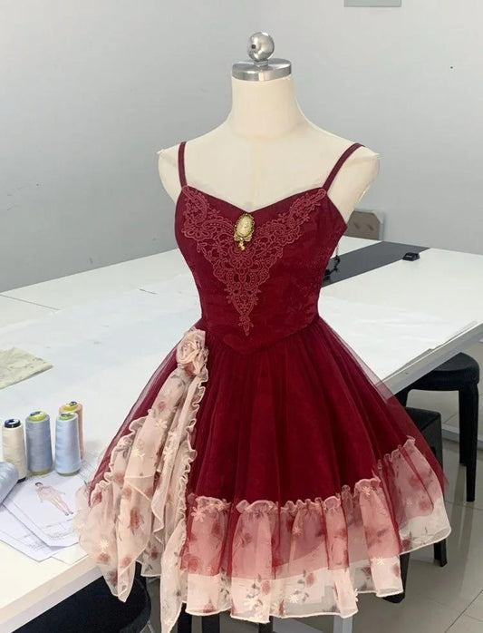 Robe de bal courte en tulle imprimé vert conte de fées, bretelles spaghetti, coupe trapèze, robe de soirée ED02408