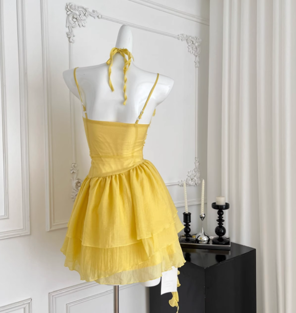 Cute Butter Yellow Spaghetti Straps A-Line Chiffon Short Prom Dresses Homecoming Dress ED02409