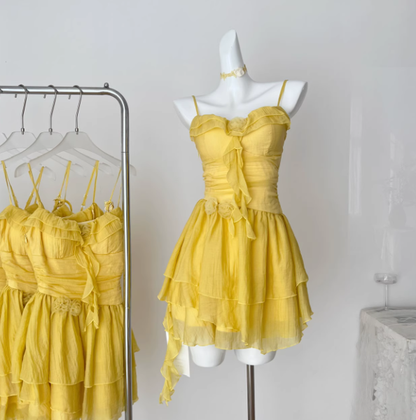 Cute Butter Yellow Spaghetti Straps A-Line Chiffon Short Prom Dresses Homecoming Dress ED02409