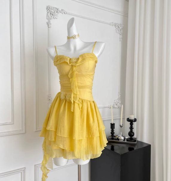 Cute Butter Yellow Spaghetti Straps A-Line Chiffon Short Prom Dresses Homecoming Dress ED02409