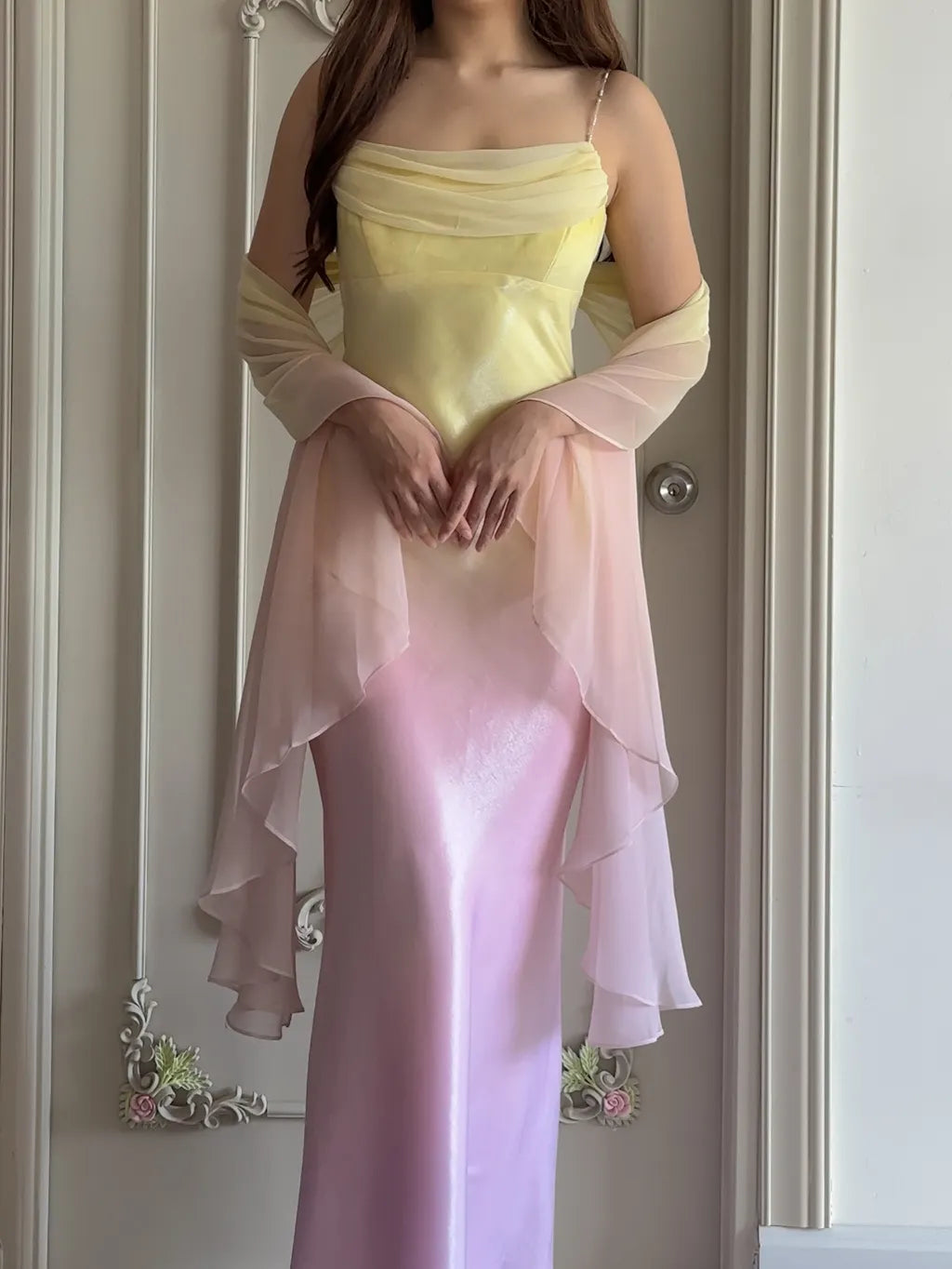 Robe de soirée sirène en satin à bretelles spaghetti, style conte de fées, dégradé jaune et rose, style vintage, ED02426