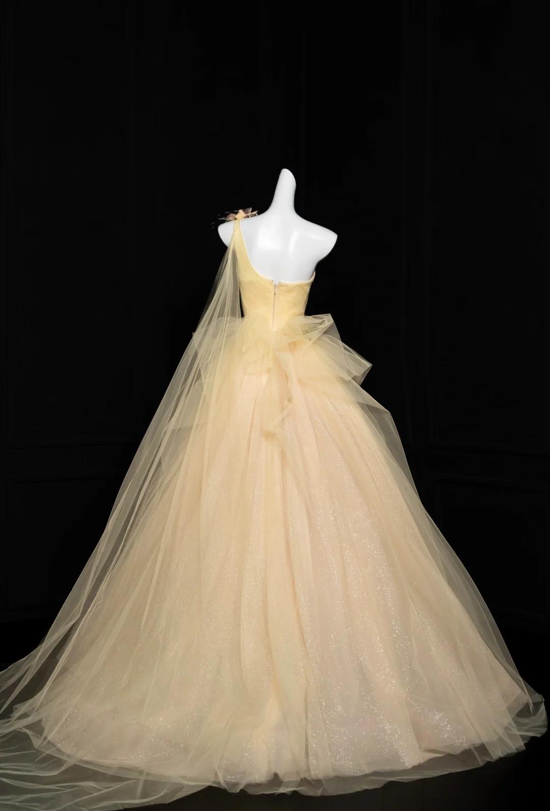 Pretty Yellow One Shoulder A-Line Tulle Prom Dresses Formal Birthday Evening Gowns ED02435
