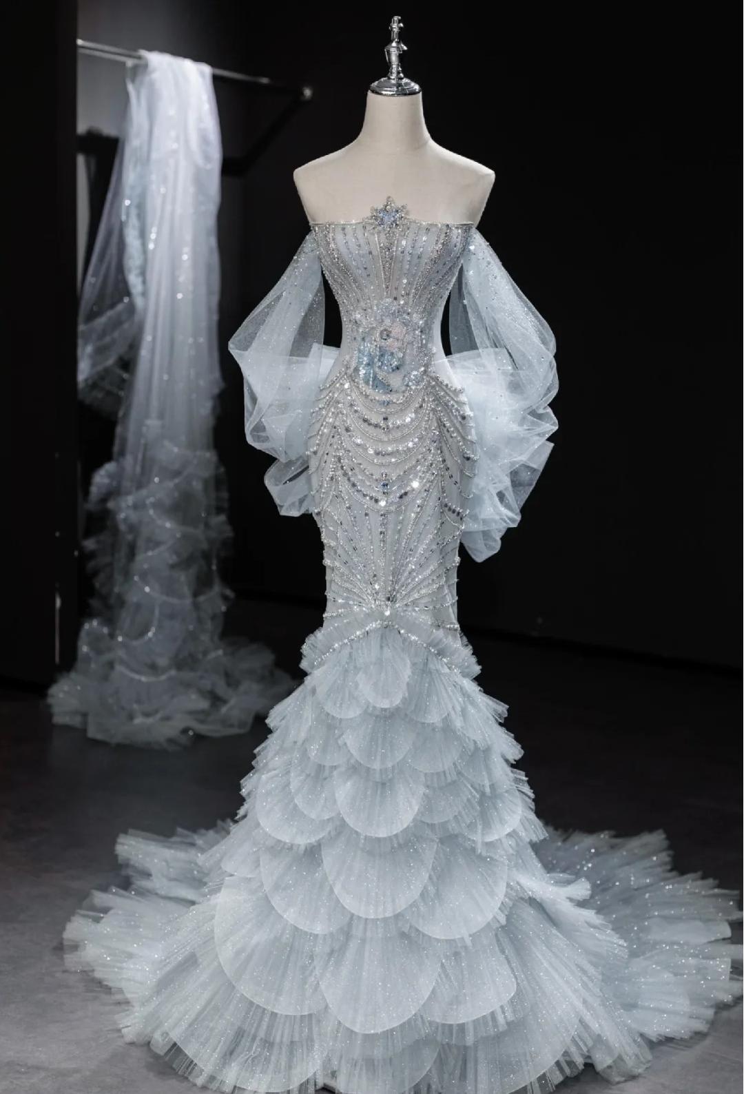 grey mermaid wedding dress Silver Sequin Feather Train Mermaid Prom Dress