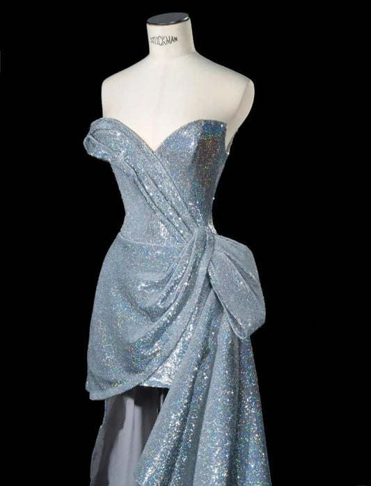 Elegant Silver Sweetheart Neck A-Line Sequins Long Prom Dresses Formal Evening Gowns ED02444
