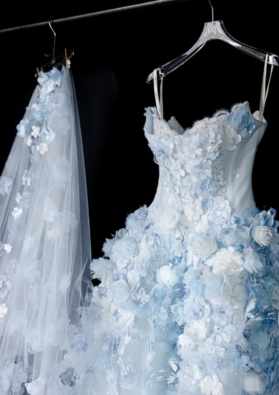 Fairytale White Tulle Strapless A-Line 3D Applique Trailing Wedding Dress ED02445