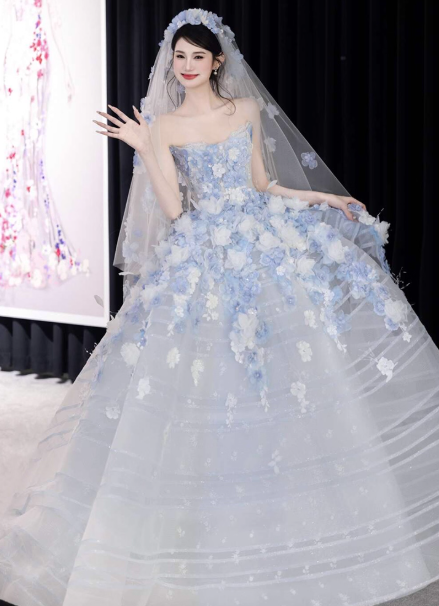 Fairytale White Tulle Strapless A-Line 3D Applique Trailing Wedding Dress ED02445