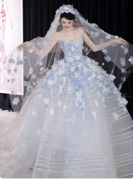 Fairytale White Tulle Strapless A-Line 3D Applique Trailing Wedding Dress ED02445