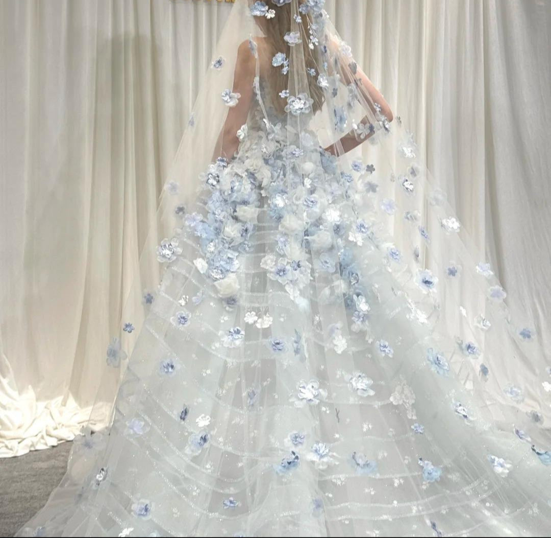 Fairytale White Tulle Strapless A-Line 3D Applique Trailing Wedding Dress ED02445