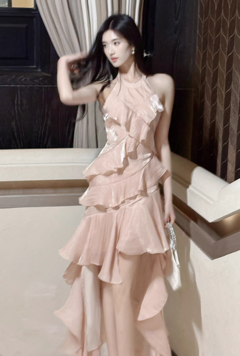 peach chiffon halter dress Peach Silk Crepe Halter Dress With Chiffon Ruffles and Flower