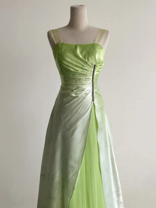 Fairytale Green Square Neck A-Line Satin Sequins Prom Dresses Vintage Tulle Party Dress ED02457