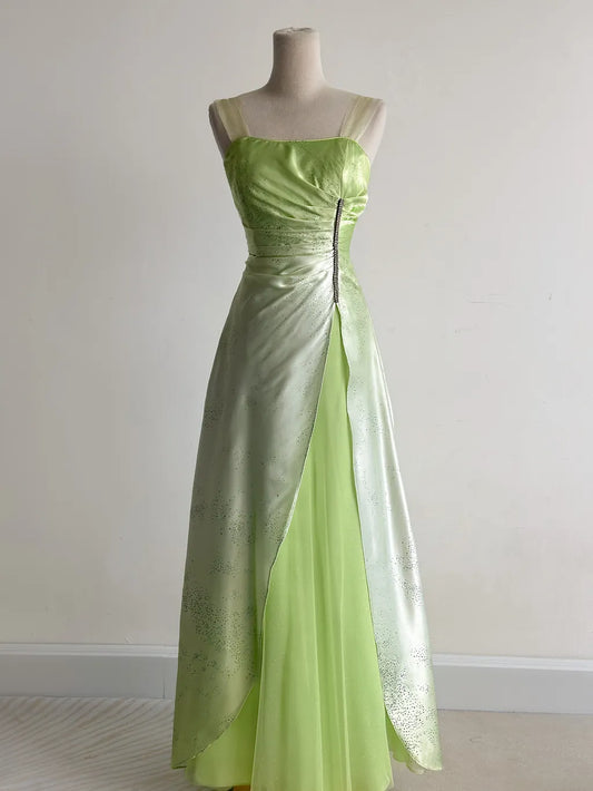Fairytale Green Square Neck A-Line Satin Sequins Prom Dresses Vintage Tulle Party Dress ED02457