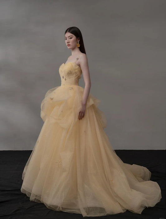Glitter Light Orange Spaghetti Straps A-Line Tulle Long Prom Dresses Gorgeous Wedding Dress with Rhinestones ED02460