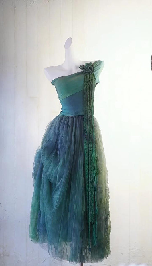 Fairytale Forest Green One Shoulder A-Line Chiffon Party Dress ED02465