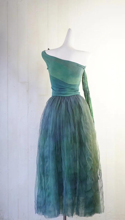 Fairytale Forest Green One Shoulder A-Line Chiffon Party Dress ED02465
