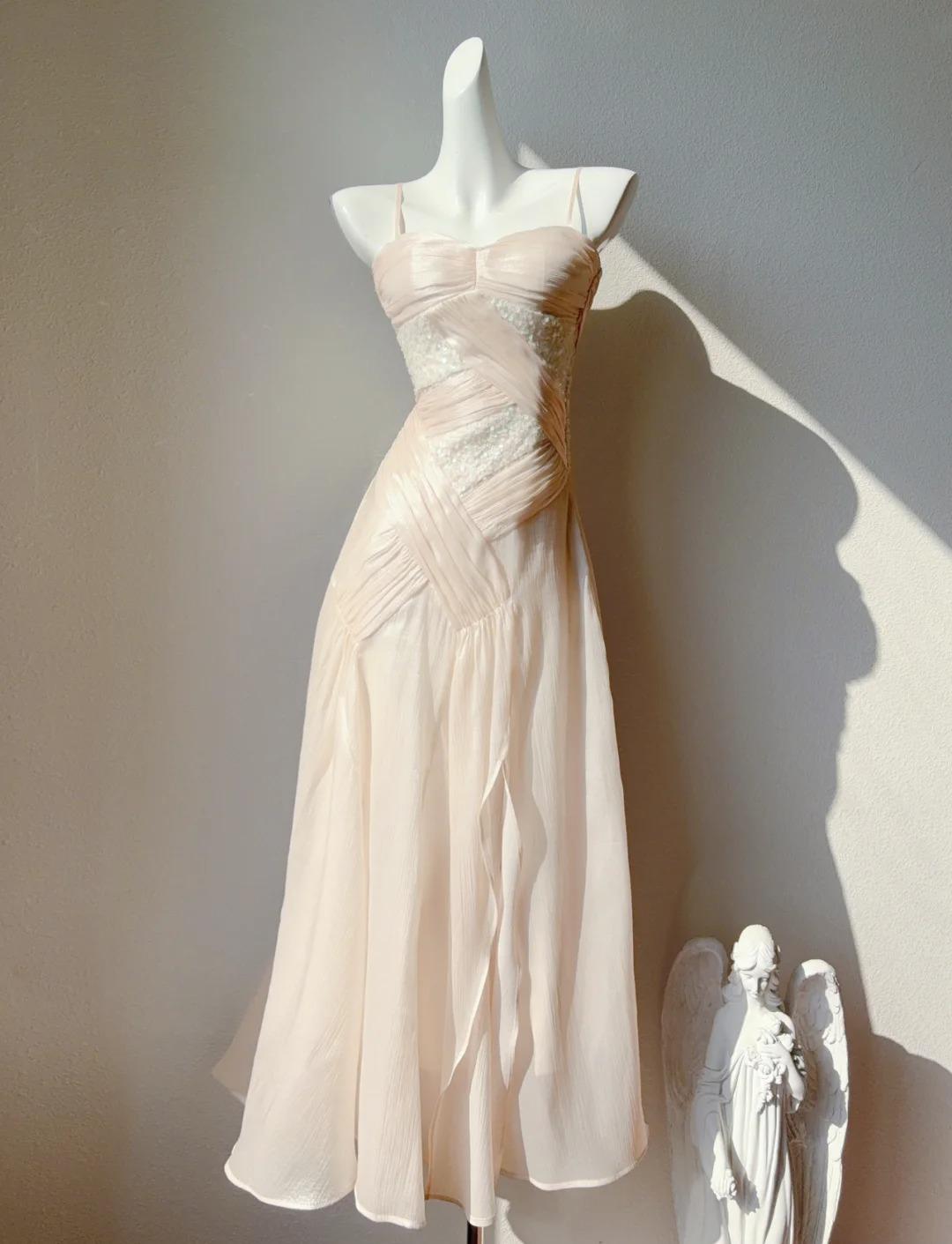 Sweet Light Pink Spaghetti Straps Party Dress A-Line Chiffon Sequin Long Prom Dresses ED02469