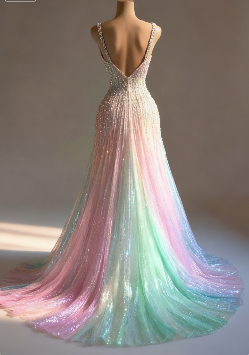 Atemberaubendes, farbenfrohes, langes Ballkleid aus Tüll mit V-Ausschnitt und Pailletten ED02473