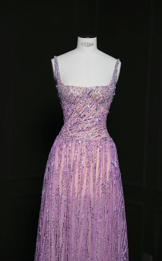Gorgeous Purple Square Neck A-Line Sequin Prom Dresses Sweet Birthday Party Dress ED02477