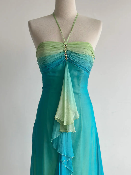Gorgeous Gradient Turquoise Halter Neck Chiffon Sheath Prom Dresses Vintage Party Dress ED02480
