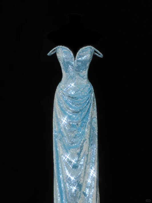 Glam Tiffany Blue Off Shoulder Sheath Sequin Long Prom Dresses Formal Evening Gowns ED02484