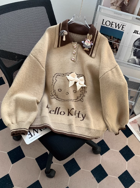 Preppy polo neck knitted long sleeve sweater ED0248