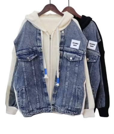 Denim patchwork hooded zip-up cardigan jacket ED0249