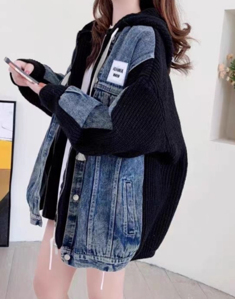 Denim patchwork hooded zip-up cardigan jacket ED0249