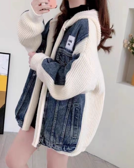Denim patchwork hooded zip-up cardigan jacket ED0249