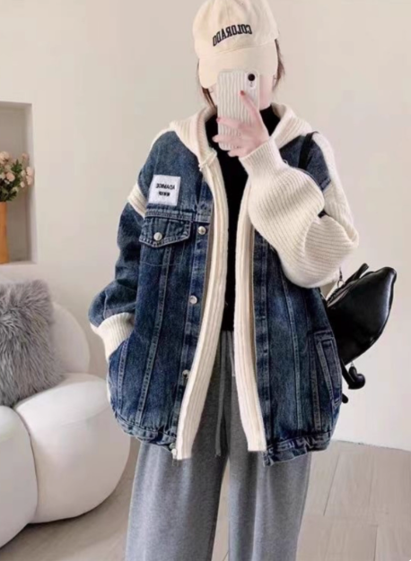 Denim patchwork hooded zip-up cardigan jacket ED0249