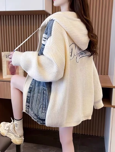 Denim patchwork hooded zip-up cardigan jacket ED0249