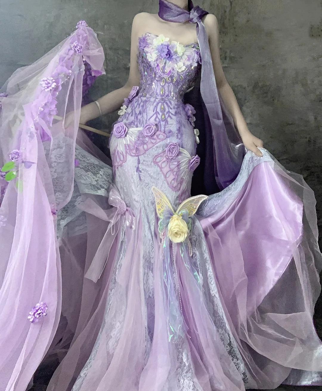 Gorgeous Purple Strapless Mermaid Tulle Applique Long Prom Dresses Sweet 16 Evening Gowns ED02501