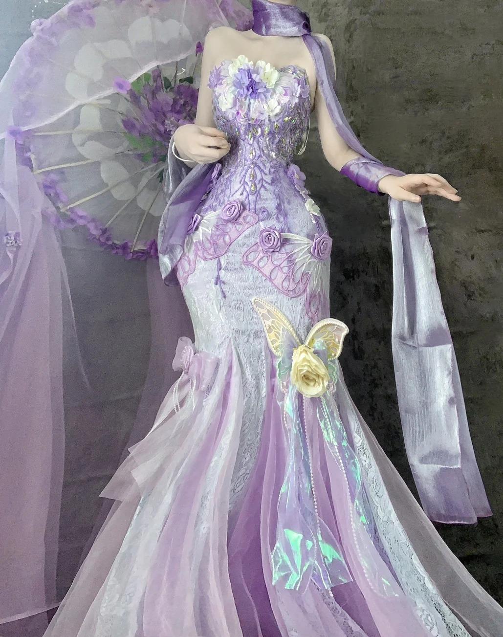 Gorgeous Purple Strapless Mermaid Tulle Applique Long Prom Dresses Sweet 16 Evening Gowns ED02501