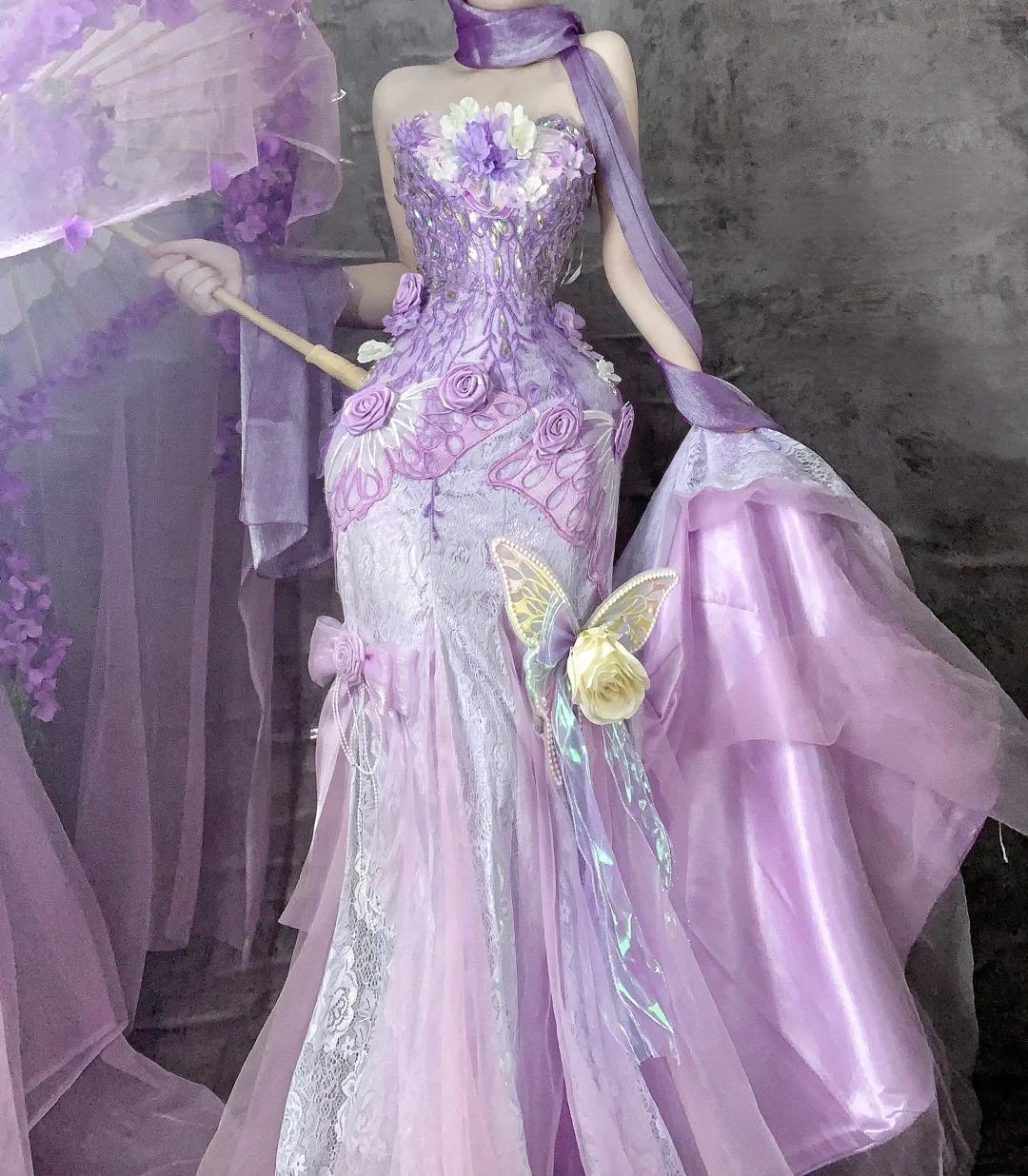 Gorgeous Purple Strapless Mermaid Tulle Applique Long Prom Dresses Sweet 16 Evening Gowns ED02501