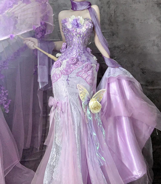 Gorgeous Purple Strapless Mermaid Tulle Applique Long Prom Dresses Sweet 16 Evening Gowns ED02501