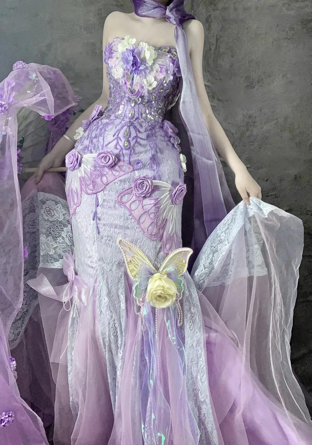 Gorgeous Purple Strapless Mermaid Tulle Applique Long Prom Dresses Sweet 16 Evening Gowns ED02501