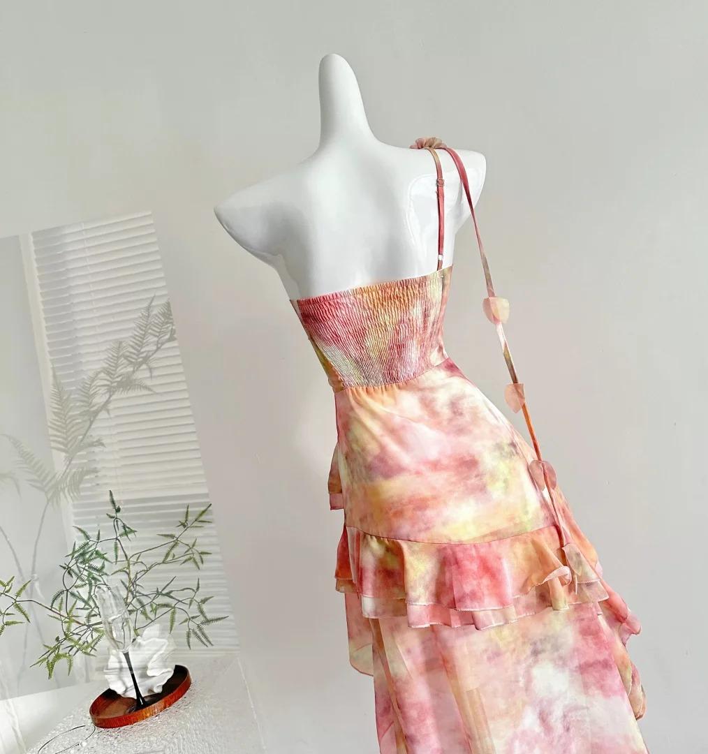 Süßes rosa One-Shoulder-Chiffon-Hi-Lo-Partykleid ED02507