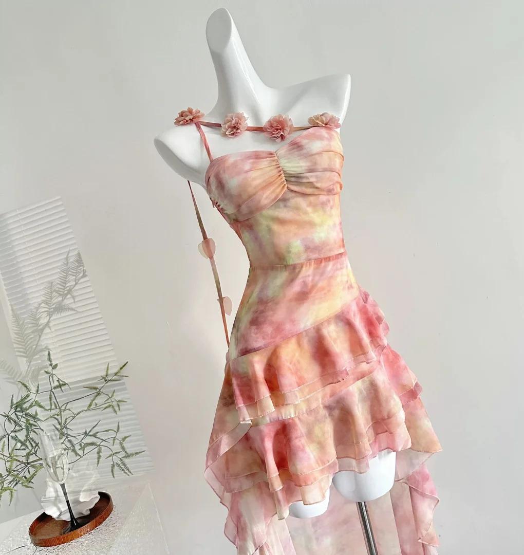 Süßes rosa One-Shoulder-Chiffon-Hi-Lo-Partykleid ED02507