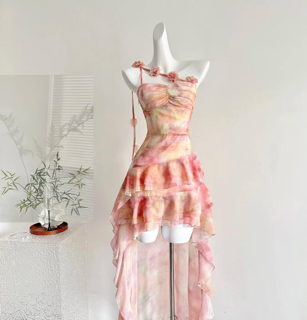 Süßes rosa One-Shoulder-Chiffon-Hi-Lo-Partykleid ED02507